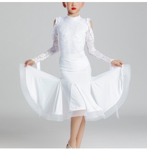 Girls kids white lace ballroom latin dance dresses long sleeves hollow shoulder rumba salsa chacha performance ballroom dance dress for children