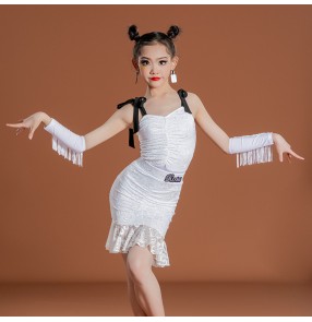 Girls kids white lace tassels competition latin dance dresses for children tassels modern salsa chacha rumba ballroom dancing costumes for girls