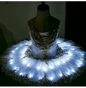 Girls kids white led light tutu skirts pancake ballerina swan lake ballet dance dresses ballet dance costumes for children 