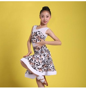 Girls kids white leopard latin dance dresses salsa rumba dance dress for children robes de danse latine pour enfants