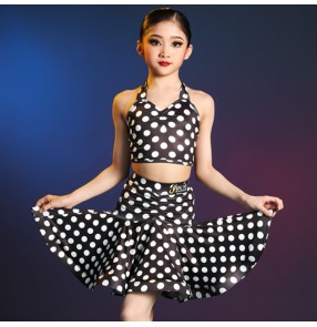 Girls kids white polka dot latin dance dresses modern latin ballroom stage performance latin dance costumes for children