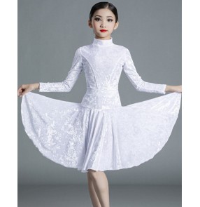 Girls kids white velvet competition ballroom latin dance dresses salsa dance skirts latin ballroom stage performance costumes for girl