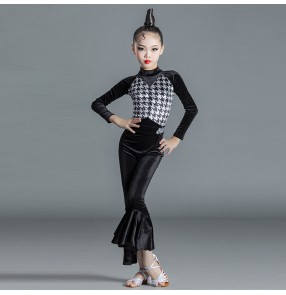 Girls kids white with black plaid velvet competition latin dance costumes modern dance latin dance dress rumba salsa chacha dance tops and pants  for girl