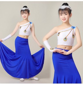Girls kids white with blue chinese folk dai dance dress peacock dance costumes for children stage performance belly dance mermaid skirts
