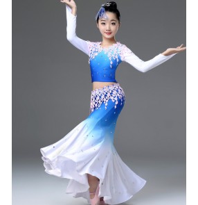 Girls kids white with blue Dai minority peacock dance dress Thailand style stage performance belly dance mermaid dresses