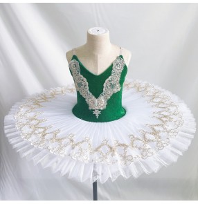 Girls kids white with green velvet professional Ballet Dance dresses tutu white skirts ballerina classical dance stage performance dress birthday gift little swan lake pettiskirts