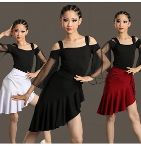 Girls kids wine black white latin dance dresses dew shoulder short ruffles latin ballroom dancing irregular tops and skirts for children
