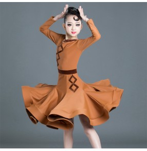 Girls kids wine coffee purple latin dance dresses competition ballroom dresses salsa rumba chacha dance dress costumes