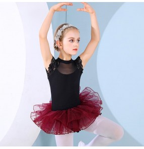 Girls kids  wine color ballet dance tutu skirts  lace leotard tulle skirt Children ballet dance practice clothes Girls ballet dancing clothes