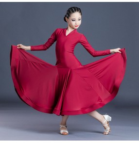 Girls kids wine color ballroom dance dresses stage performance ballroom dancing dresses waltz tango dance dresses for children