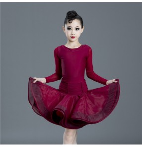 Girls kids wine colored competition latin dance dresses traning gymnastics stage performance latin salsa dance dresses