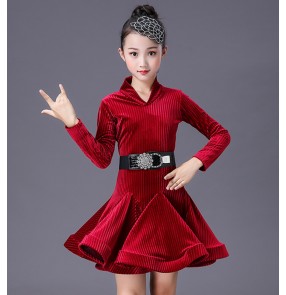 Girls kids wine dark green velvet striped competition latin dance dreses stage performance salsa chacha dance dresses