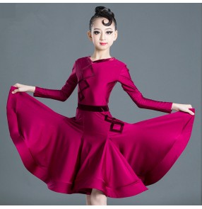 Girls kids wine purple ballroom latin dance dresses stage performance salsa dance dresses