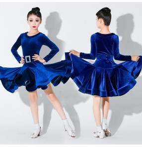 Girls kids wine royal blue black velvet competition ballroom latin dance dresses long sleeves rumba salsa chacha latin dance costumes for girl
