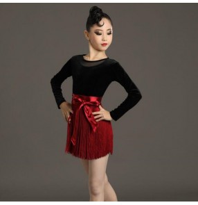 Girls kids wine silver fringes velvet latin dance dresses stage performance salsa chacha rumba dance dresses leotard and wrap skirt