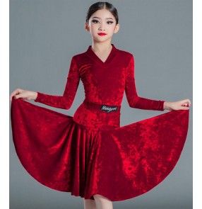 Girls kids wine white velvet competition ballroom latin dance dresses long sleeves kids modern latin ballroom dance costumes for girl