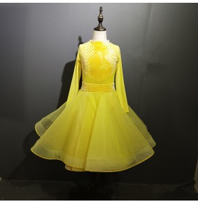 Girls kids yellow ballroom dancing dresses waltz tango stage performance dancing dresses