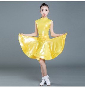 Girls kids yellow colored competiiton latin dance dresses stage performance salsa chacha dance dress