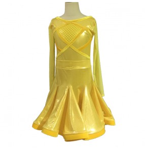 Girls kids yellow competition long sleeves ballroom latin dance dresses salsa chacha dance dress