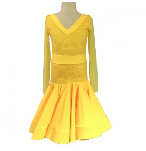 Girls kids yellow lace competition latin dance dresses salsa rumba samba chacha dance dresses