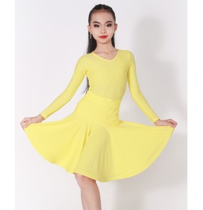 Girls kids yellow latin ballroom dance dresses long sleeves stage performance professional latin dance costumes for children