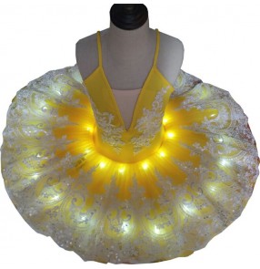 Girls kids yellow led light yellow pancake ballerina ballet dresses tutu dress