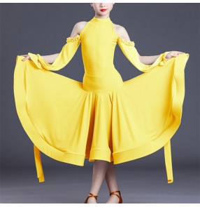 Girls kids yellow purple hot pink ballroom dance dress hollow shoulder long sleeves ballroom dancing costumes stage performance waltz tango dance long dress for girl