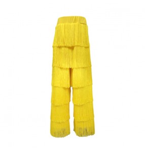 Girls kids yellow tassels latin dance pants stage performance modern dance hiphop rapper singers dance long fringed trousers for girl