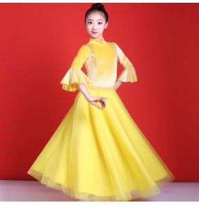 Girls kids yellow velvet ballroom dancing dresses waltz tango dance dress costumes