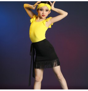 Girls kids yellow with black fringed latin dance dresses modern salsa latin skirts for children catsuits and tassels skirts