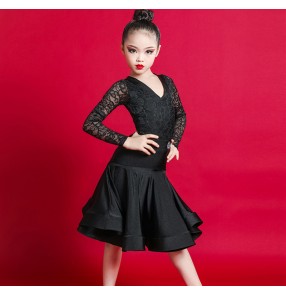 Girls lace black yellow competition long sleeves latin dance dresses kids latin dance skirts stage performance latin dance clothing for kids