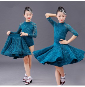Girls lace competition latin dance dresses kids children stage performance salsa rumba chacha dance dresses