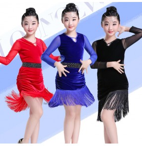 Girls latin dance dress competition stage performance black red blue kids children latin ballroom rumba chacha salsa dance dresses