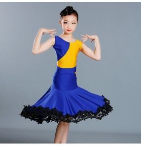 Girls latin dance dress patchwork yellow with royal blue salsa chacha latin dance dress for kids 