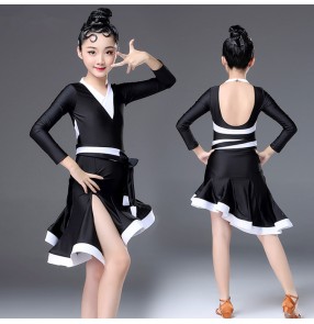 Girls latin dance dresses black and white ballroom dresses competition stage performance salsa rumba samba chacha dancing costumes