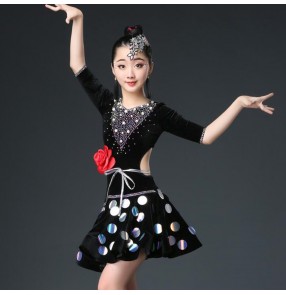 Girls latin dance dresses black rhinestones sequins kids children stage performance rumba salsa chacha dance skirts dress