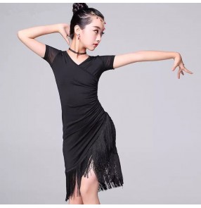 Girls latin dance dresses black royal blue modern dance stage performance rumba salsa chacha dance skirts costumes 