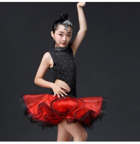Girls latin dance dresses black with red kids children stage performance rumba salsa chacha dance skirts costumes