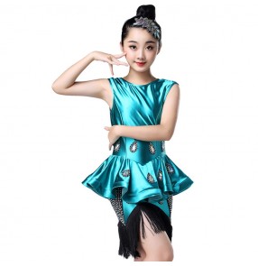 Girls latin dance dresses blue colored stage performance competition rhinestones rumba latin salsa chacha dance dresses