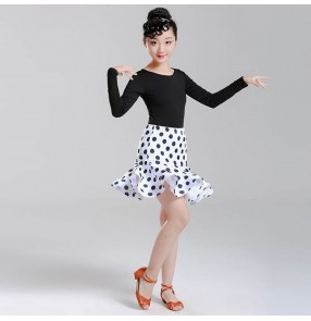 Girls latin dance dresses children white polka dot stage performance professional chacha rumba dance dresses leotard top and skirt