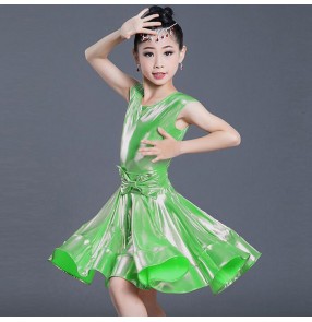 Girls latin dance dresses kids children girls glitter shiny green pink red bling modern dance samba chacha salsa dance dresses