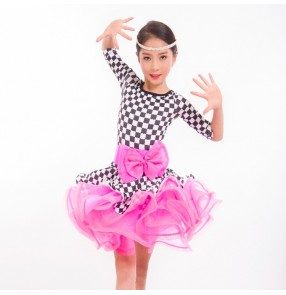 Girls latin dance dresses kids children pink with plaid competition stage performance salsa chacha samba dance dresses skirts