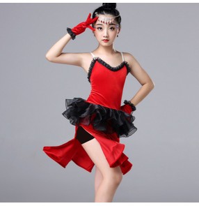 Girls latin dance dresses kids children red velvet competition stage performance rumba samba chacha salsa dance skirt dresses