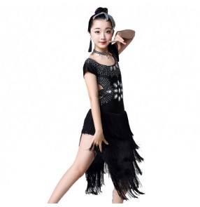 Girls latin dance dresses kids children rhinestones tassels stage performance competition salsa rumba chacha dancing skirts costumes