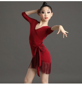 Girls latin dance dresses kids modern dance tassels skirts practice exercises performance clothing 