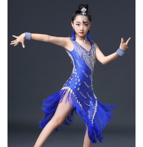 Girls latin dance dresses mint blue black silver competition stage performance diamond professional salsa chacha samba chacha dance skirt dress