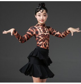Girls latin dance dresses modern dance stage performance children leopard printed salsa chacha rumba dance dress skirts