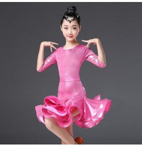 Girls latin dance dresses pink royal blue fuchsia violet stage performance rumba salsa chacha ballroom dancing costumes