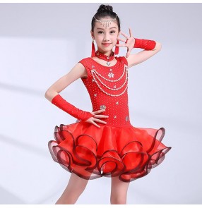 Girls latin dance dresses rhinestones red black blue white kids children latin dress stage performance competition salsa rumba dance skirts costumes 