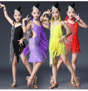 Girls latin dance dresses tassels rhinestones beads stage performance professional competition rumba salsa chacha dance skirts dresses